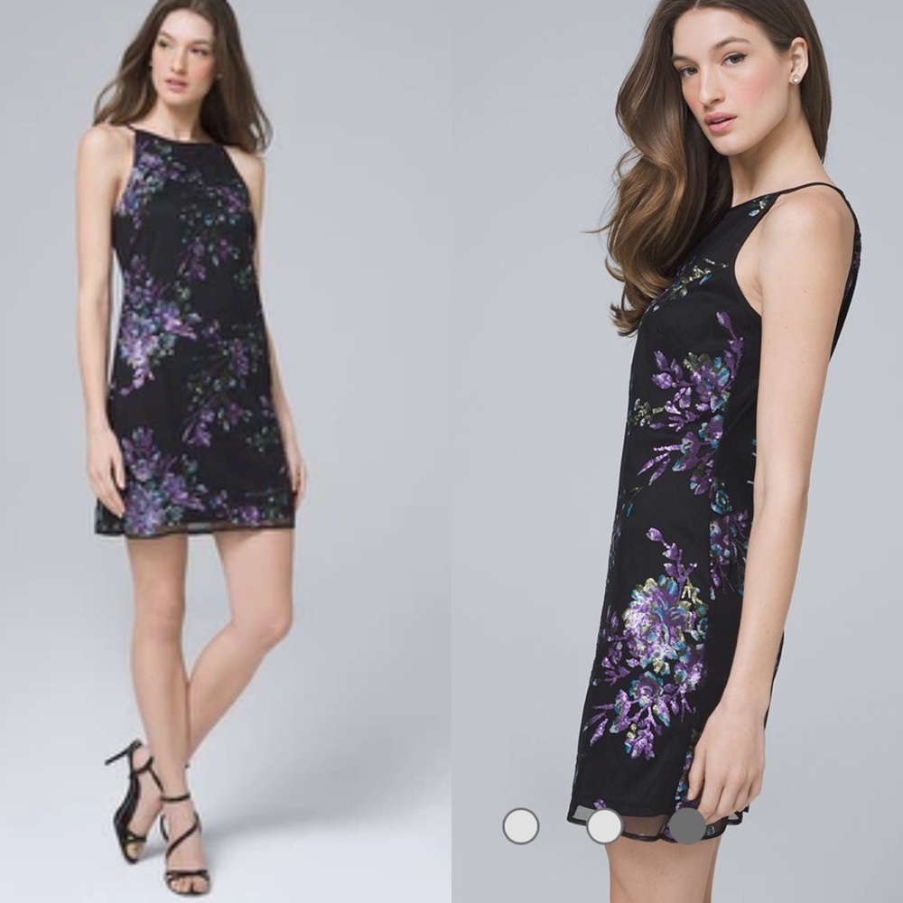 WHBM Sequin Appliqué Dress Black Floral Sleeveless